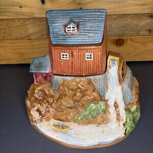 Rick Wisecarver Vintage Old Mill Cookie Jar Folk Art Americana Rustic Pottery